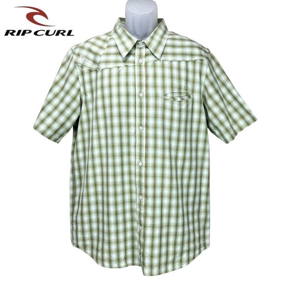 Rip Curl Men's XL Y2K Grunge Green Plaid Distressed Short Sleeve Button Up Shirt - Picture 1 of 10